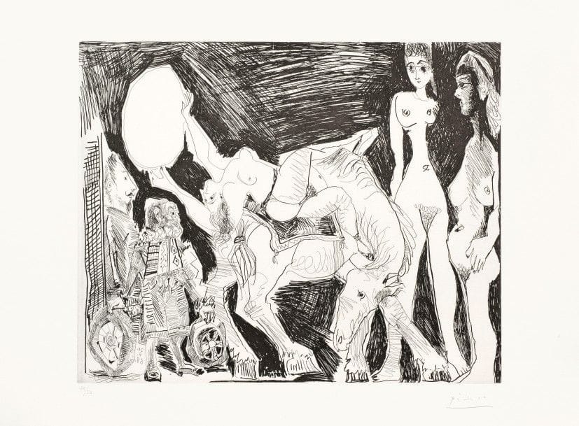 Pablo PICASSO 
 Cirque : écuyère, femmes et spectateurs dont un garagiste déguisé. (Les 347, pl. 31). 1968. Eau-forte, aquatinte, grattoir et pointe sèche. 318 x 394. Bloch 1523 ; Baer 1539 II B b 1. Très belle et fraîche épreuve sur vélin blanc, numérotée et signée au crayon. Toutes marges non ébarbées. Tirage à 50 épreuves. Édition de la Galerie Louise Leiris. 