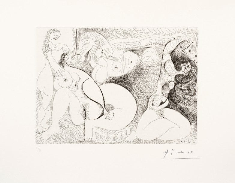 Pablo PICASSO 
 Femmes à leur toilette. (Les 156, pl. 68). 1971. Eau-forte. 149 x 207. Bloch 1923 ; Baer 1931 B a. Parfaite épreuve sur vélin blanc, du tirage effectué pour la galerie Louise Leiris (1978), numérotée au crayon et timbrée (Lugt 2026e). Toutes marges. Tirage à 50 épreuves.