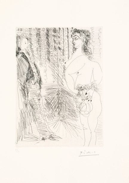 Pablo PICASSO 
 Le Cabinet particulier : Degas et une fille. (Les 156, pl. 80). 1971. Eau-forte, grattoir et pointe sèche. 207 x 148. Bloch 1935 ; Baer 1944 II B b 1. Parfaite épreuve sur vélin blanc, du tirage effectué pour la galerie Louise Leiris (1978), numérotée et signée au crayon. Toutes marges. Tirage à 50 épreuves.