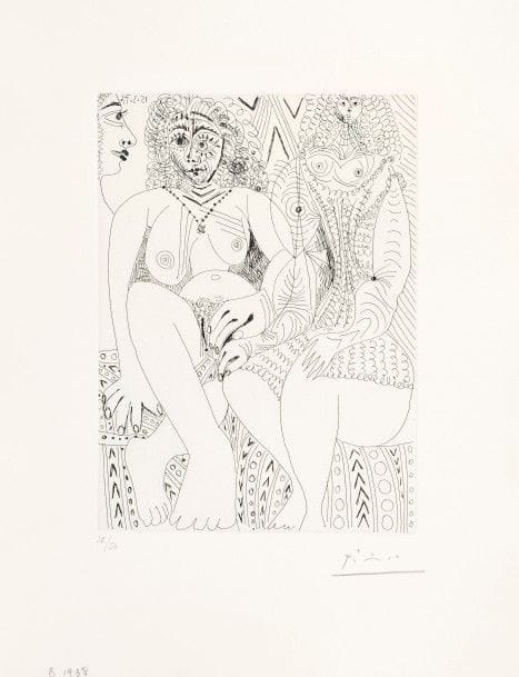 Pablo PICASSO 
 Trois filles, dont une en chemise tricotée. (Les 156, pl. 83). 1971. Eau-forte. 207 x 148. Bloch 1938 ; Baer 1947 II B b 1. Parfaite épreuve sur vélin blanc, du tirage effectué pour la galerie Louise Leiris (1978), numérotée et signée au crayon. Toutes marges. Tirage à 50 épreuves.