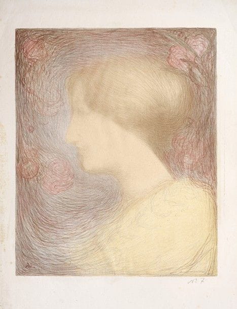 Edmond AMAN-JEAN 
Tête de femme, de profil à gauche. Vers 1897. Lithographie. 477 x 387. Johnson 2. Impression en couleurs. Belle épreuve sur chine volant, numérotée au crayon. Rousseurs éparses, empoussiérage, traces de plis et menus accidents aux bords du feuillet. Tirage à 100 épreuves. A. Vollard éd. Joint : Henry Bataille. Mlle Yvonne de Bray (épouse de l’artiste). Lithographie. 470 x 365. I.F.F. 23. Très belle épreuve sur vélin glacé. Toutes marges. Ens. 2 p. 