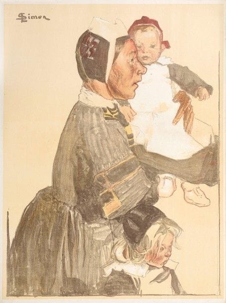 Lucien SIMON 
 Vieille bretonne conduisant des enfants. 1897. Lithographie. 560 x 421. Johnson 139. Impression en couleurs. Très belle épreuve sur chine volant. Fines bande d’empoussiérage aux bords du feuillet. Toutes marges. Tirage à 100 épreuves pour l’Album d’estampes originales de la Galerie Vollard. Joint : même sujet. Épreuve de la pierre-clé tirée en noir sur chine volant, manquant de conservation. Rousseurs claires, empoussiérage, déchirures, traces de plis et manque au bord gauche du feuillet. Toutes marges. Ens. 2 p. 