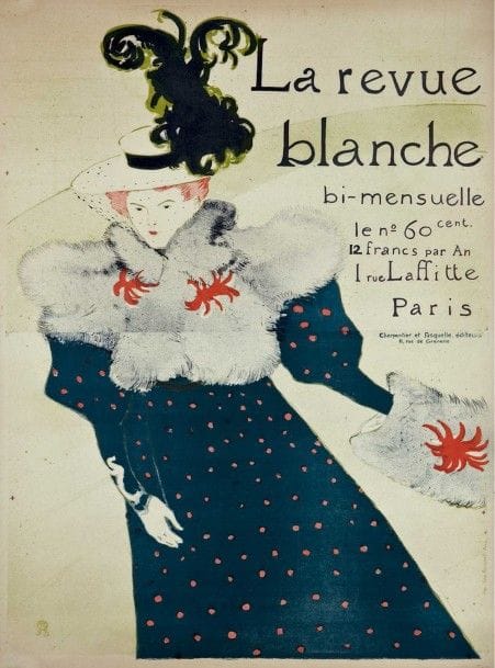 Henri de TOULOUSE-LAUTREC 
 La Revue Blanche. 1895. Affiche. 1265 x 900. Delteil 355 ; Wittrock 16 c. Impression en couleurs. Très belle épreuve, très fraîche de couleurs, doublée sur japon mince, soigneusement entoilée. Fine bande d’oxydation en pied. Petites salissures et minuscules arrachements dans les angles supérieur et inférieur gauches du feuillet.
