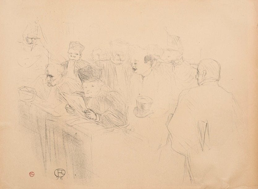 Henri de TOULOUSE-LAUTREC 
 Procès Arton. 1896. Lithographie. 360 x 475, 464 x 560 et 451 x 557. Delteil 191 à 193 ; Wittrock 149 à 151. Suite complète de 3 pl. Belles épreuves sur vélin mince chamois, une timbrée (Lugt 1338), avec déchirure de 30 mm en tête et petits accidents en pied. Menus accidents aux bords des feuillets. Traces d’oxydation. Belles marges. Timbre sec : Kleinmann éditeur Paris (Lugt 1573), partiellement fracturé et consolidé.