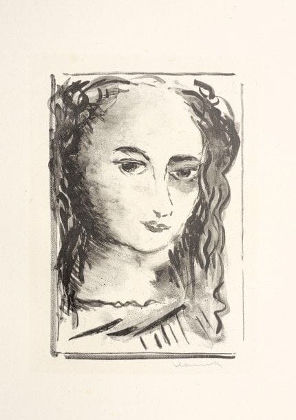 Maurice de VLAMINCK 
 Portrait de femme. 1924. Lithographie. 228 x 152. Walterskirchen 174 ; Verney et Lemaresquier, La Galerie des Peintres-Graveurs, cat. d’exposition, Musée de Bayeux, 1999, n° 134. Très belle épreuve sur chine volant, du 1er état (sur 2), avant la signature lithographiée, signée au crayon, annotée par l’éditeur en pied « Epreuve d’Essai du 1er Etat ». Toutes marges. Timbre sec : Galerie des Peintres-Graveurs Paris (Lugt 1057b).