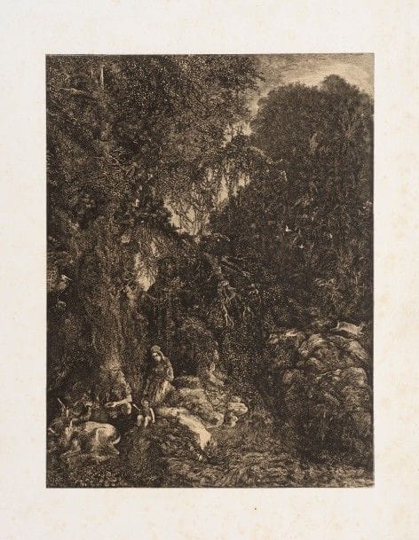 Rodolphe BRESDIN 
 La Sainte Famille aux cerfs. 1871. Report sur pierre de l’eau-forte. 263 x 200. Van Gelder 137. Très belle épreuve sur bulle appliqué, du 1er état (sur 2), avant effaçage de la signature en haut à droite et avant de nouveaux travaux. Innombrables rousseurs claires, quelques infimes points d’encre et quelques plis cassés sur le support. Toutes marges. Rare. 