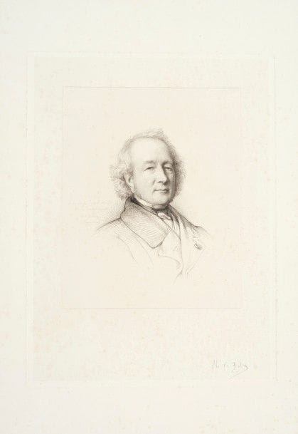 Charles de BELLAY 
 Portrait d’Henriquel-Dupont. 1869. Eau-forte. 350 x 263. Beraldi 26 ; I.F.F. 12. Très belle épreuve sur chine appliqué, exceptionnellement signée au crayon. Rousseurs claires éparses. Toutes marges. 