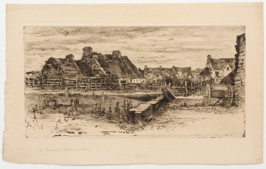 Félix BUHOT 
 Les Grandes chaumières. 1881. Eau-forte et pointe sèche. 138 x 274. Bourcard-Goodfriend 150. Très belle épreuve sur vergé crème, du 4e état (sur 5), avant de nouveaux travaux, les barbes bien visibles. Légère oxydation aux bords du feuillet. Toutes marges. Joint : Les Petites chaumières. 1881. Eau-forte, aquatinte et pointe sèche. 100 x 140. Bourcard-Goodfriend 149. Très belle épreuve sur vélin verdâtre. Petites marges. Ens. 2 p.