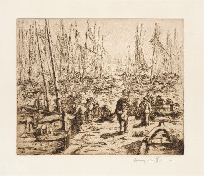 Henry CHEFFER 
 La Vie au port. 1912. Eau-forte. 264 x 327. I.F.F. 2. Très belle épreuve sur vélin blanc fort, signée au crayon. Trace claire d’insolation à l’ouverture d’un ancien montage. Toutes marges. Timbre sec : Cercle de la Librairie (Lugt 438). 