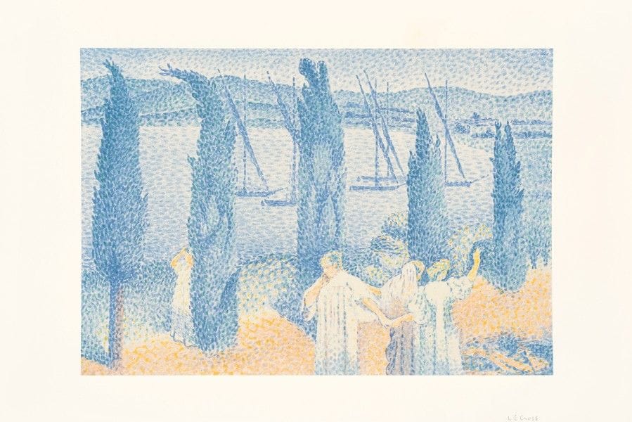 Henri-Edmond CROSS 
 La Promenade, ou Les Cyprès. 1897. Lithographie. 284 x 412. Johnson 27. Impression en couleurs. Très belle et fraîche épreuve sur chine appliqué sur vélin fort, signée et numérotée au crayon. Toutes marges. Tirage à 100 épreuves pour l’Album d’estampes originales de la Galerie Vollard.  