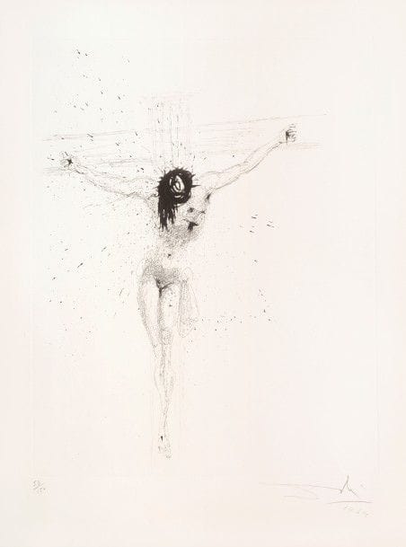 Salvador DALI 
 Christ. 1964. Eau-forte. 526 x 412. Michler et Löpsinger 97. Très belle épreuve sur vélin filigrané « Arches », numérotée, signée et datée au crayon. Infime trace d’oxydation aux bords du feuillet. Court pli cassé dans l’angle inférieur droit. Toutes marges. Tirage à 150 épreuves. Argillet éd.