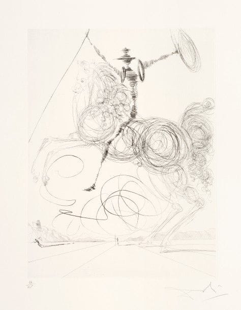 Salvador DALI 
 Don Quichotte. 1964. Eau-forte. 396 x 298. Michler et Löpsinger 99 a. Très belle et fraîche épreuve sur vélin filigrané « BFK Rives », numérotée et signée au crayon. Infime trace d’oxydation aux bords du feuillet. Tirage total à 150 épreuves.