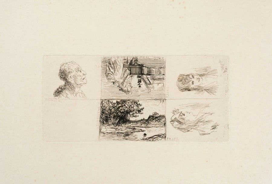 Honoré DAUMIER – Henri HARPIGNIES – Félicien ROPS – Alfred TAÏÉE 
 Essai d’eau-forte, ou Planche des quatre peintres, ou Chez Bériot. 29 mai 1872. Eau-forte (1 sujet par Daumier, 1 par Harpignies, 1 par Taïée, 2 par Rops). 102 x 227. Delteil (Daumier) 3955 ; Exsteens (Rops) 671. Très belle et rare épreuve d’essai sur vergé crème fort, antérieure au tirage pour l’ouvrage de Champfleury, Catalogue de l’œuvre lithographié et gravé de H. Daumier, 1878. Rousseurs claires et menues salissures éparses. Grandes marges.
