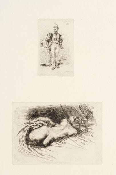 Eugène DELACROIX 
 Un homme d’armes ; Étude de femme de dos. 1833. Eau-forte. 108 x 68 et 112 x 161. Delteil, Strauber 17 (ii/iv) et 21 (iii/iv). Très belle épreuve sur vergé, les deux sujets tirés sur un seul feuillet. Léger empoussiérage. Toutes marges.