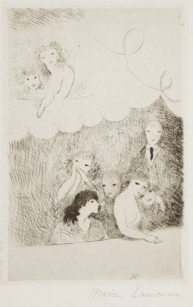 Marie LAURENCIN (1883-1956)
La Petite loge, ou Au théâtre. 1925. Eau-forte. 110 x 166. Marchesseau 79. Très belle épreuve sur vélin mince, signée au crayon et annotée en pied par une autre main : « essai ». Toutes marges. 																												