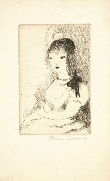 Marie LAURENCIN (1883-1956)
Amélie. 1932. Eau-forte. 70 x 109. Marchesseau 173. Parfaite épreuve sur vergé ancien azuré, du 2e état (sur 4), avant de nouveaux travaux dans les fonds, signée au crayon. 																												