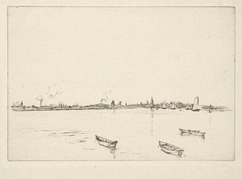 Gustave LEHEUTRE (1861-1932)
Le Matin au Lazaret près la Rochelle. 1920. Eau-forte. 275 x 185. Delteil 129. Très belle épreuve sur vergé ancien azuré, du 1er état (sur 2), avant la signature gravée, signée au crayon. Très claire trace d’oxydation. Toutes marges. 																												