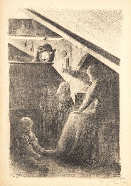 Maximilien Luce (1858-1941)
Intérieur de cuisine (Femme et deux enfants). Vers 1900. Lithographie. 270 x 410. Très belle épreuve sur vélin fort crème, signée puis titrée et numérotée dans l’angle inférieur droit au crayon. Léger empoussiérage. Toutes marges. Rare. 																												