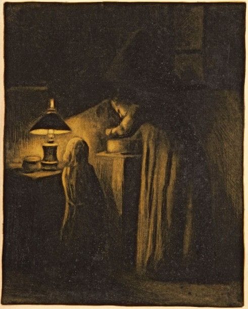Maximilien Luce (1858-1941)
La Cuisine, rue Cortot, ou La Soupe. Vers 1900. Eau-forte, pointe sèche et aquatinte. 300 x 375. Exceptionnelle réunion de 3 épreuves d’essai sur vélin, à petites marges, une signée au crayon, une tirée avec une 2e plaque de couleur jaune, et d’une épreuve de l’état définitif sur vergé blanc, à toutes marges, numérotée au crayon. Rousseurs claires éparses à 2 pl. Ens. 4 p.	En 1887, Luce, âgé de 29 ans, s’installa au 6 de la rue Cortot à Monmartre. En 1893, il déménagea au numéro 16 de la même rue et fit la connaissance d’Ambroisine Bouin qui devait devenir sa compagne et qu’il épousa sur le tard en 1940, un an avant sa mort. 																											