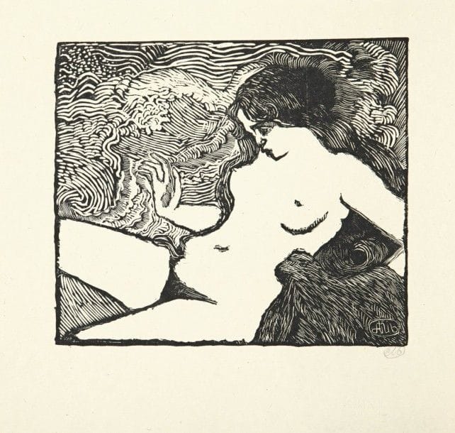 Aristide MAILLOL (1861-1944)
La Vague. 1895-1898. Bois gravé. 197 x 171. Guérin 8. Très belle et fraîche épreuve sur chine volant, signée du monogramme à la mine de plomb. Infimes amincissures dans la texture du papier (normales). Toutes marges. Tirage à 60 épreuves sur ce papier. Tirage total à 141 épreuves. Timbre sec : H. Petiet éditeur Paris (Lugt 2021a).																												