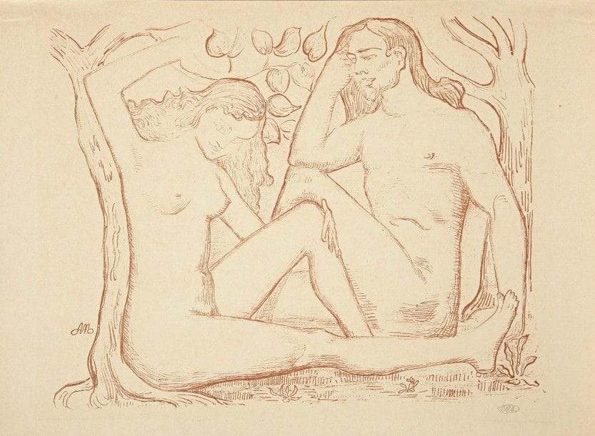 Aristide MAILLOL (1861-1944)
Adam et Ève. 1895. Zincographie. 246 x 311. Guérin 262 ; A. et A. Bonafous-Murat, Maurice Dumont et L’Épreuve, 274. Très belle épreuve tirée en brun sur vélin glacé, signée du monogramme au crayon, numérotée au composteur au verso. Courts plis cassés dans les angles en tête. Toutes marges. Tirage à 225 épreuves pour L’Épreuve, Album d’art. 																												