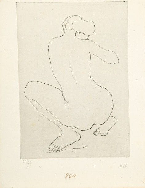 Aristide MAILLOL (1861-1944)
Femme accroupie de dos. 1926. Eau-forte. 165 x 235. Guérin 322. Parfaite épreuve sur vergé azuré provenant d’un ancien registre (avec inscriptions marginales à l’encre sépia), numérotée et signée au crayon. Toutes marges. Tirage à 150 épreuves. Tirage à 75 épreuves. 																												