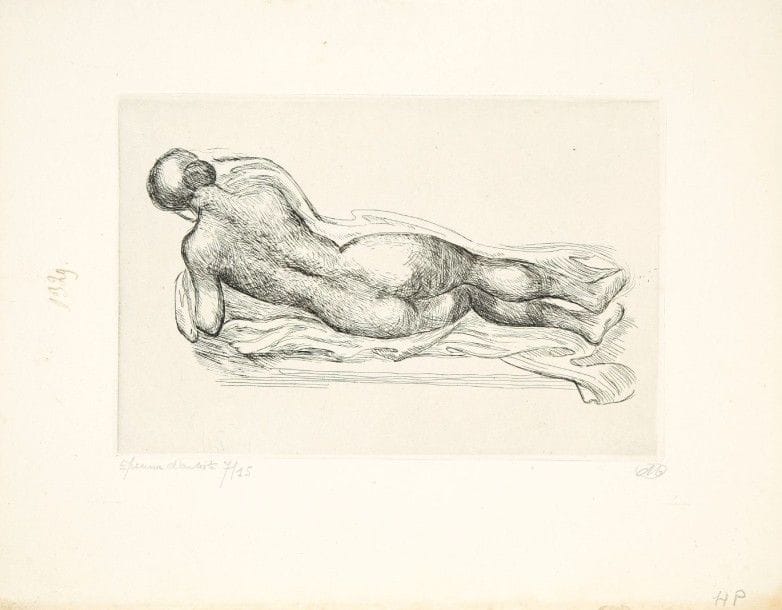 Aristide MAILLOL (1861-1944)
Femme étendue à la draperie (grande planche). 1926. Eau-forte. 200 x 133. Guérin 324. Parfaite épreuve sur vergé azuré provenant d’un ancien registre (avec inscriptions marginales à l’encre sépia), l’une des 15 annotées au crayon « épreuve d’artiste », numérotée et signée. Légère oxydation aux bords du feuillet. Toutes marges. Tirage définitif à 75 épreuves. 																												