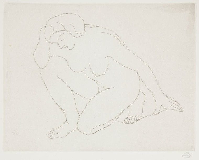 Aristide MAILLOL (1861-1944)
Femme agenouillée sur le genou gauche, le coude sur le genou droit. 1927. Eau-forte. 270 x 210. Guérin 327. Parfaite épreuve sur vélin blanc, signée du monogramme puis numérotée en pied par l’éditeur au crayon. Toutes marges. Timbre sec : H. Petiet éditeur Paris (Lugt 2021a).																												