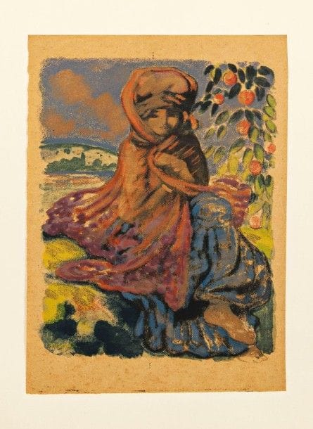 Georges MANZANA-PISSARRO (1871-1961)
L’Adolescente orientale. Vers 1900. Zincographie. 325 x 417. Impression en couleurs et à l’or au moyen de 14 planches (des presses d’Aug. Clot). Superbe et fraîche épreuve d’essai sur papier « boucherie ». Toutes marges. Tirage définitif à 43 épreuves pour L’Estampe nouvelle.	Provenance : succession d’Auguste Clot (1858-1936), imprimeur lithographe. 																											