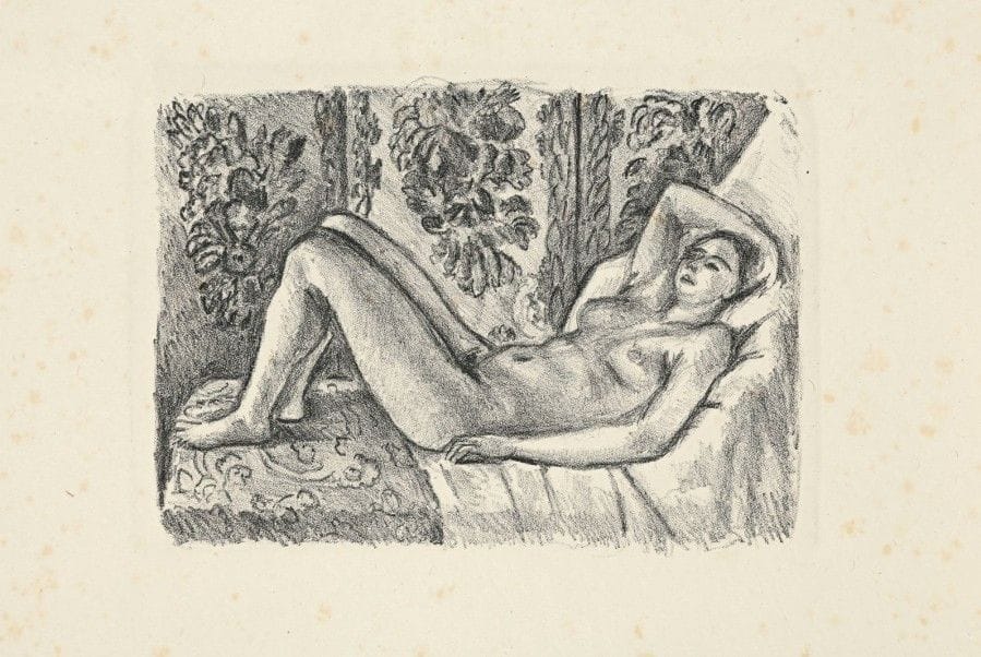Henri MATISSE (1869-1954)
Nu couché au paravent Louis XIV. 1923. Lithographie. 190 x 140. Duthuit-Garnaud 435. Belle épreuve d’essai sur chine volant, ni signée ni numérotée. L’indentation de la pierre très visible. Rousseurs claires éparses. Traces de plis souples. Toutes marges. Tirage définitif à 50 épreuves.																												