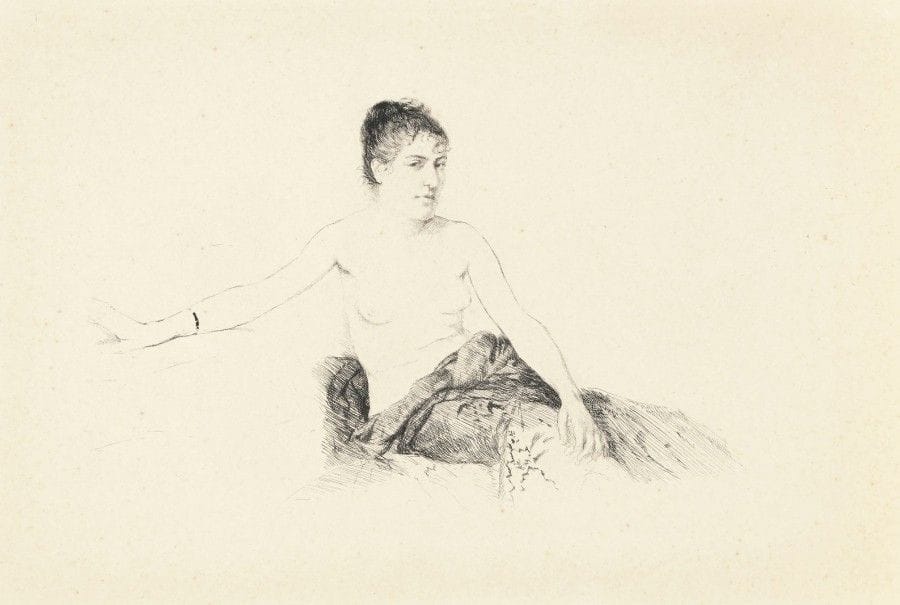 Giuseppe de NITTIS (1846-1884)
Étude : femme assise, le torse dénudé. 1913. Eau-forte. 240 x 160. Fioranni et Dinoia 23. Belle épreuve sur vergé crème filigrané « A. Porcabeuf », du tirage effectué pour la Gazette des Beaux-Arts (1913). Minuscules rousseurs éparses. Toutes marges.																												