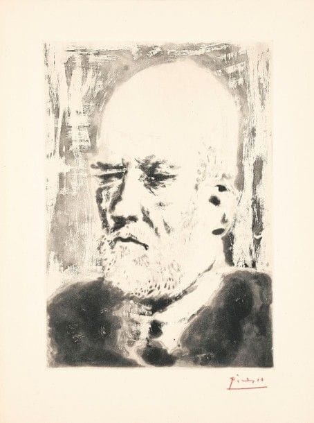 Pablo Picasso (1881-1973)
Portrait de Vollard II. (Suite Vollard, pl. 97). 1937. Aquatinte. 348 x 247. Bloch 231 ; Baer 618 B d. Parfaite épreuve sur vergé de Montval filigrané « Vollard », l’une des 250 à petites marges, signée au crayon rouge. Ex-coll. H.-M. Petiet.