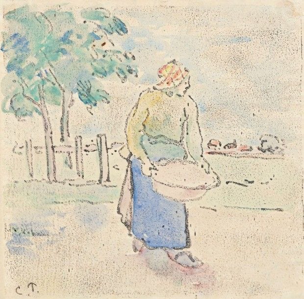Camille PISSARRO (1830-1903)
Paysanne portant une corbeille. Vers 1900. Gravure en relief sur zinc. 125 x 125. Delteil non décrit ; Delteil-Cailac (rééd. Wofsy) 196. Très belle et rare épreuve sur vélin mince, largement coloriée à l’aquarelle et signée du monogramme dans l’angle inférieur gauche. Au verso : croquis (paysanne, poules, enfant…) à la plume et à l’encre de Chine. Petite trace de colle dans un angle au verso.	Ce sujet était demeuré inconnu à Delteil. Il fut décrit pour la première fois par Jean Cailac en 1932 (qui cite notre épreuve aquarellée). Le dessin au grain sur la plaque fut fait par Camille Pissarro et mordu par son fils Lucien. « Il est possible que ces recherches datent des vacances que Lucien passa à Éragny en juillet-août 1895, et au cours desquelles les projets de travail en commun pour les Travaux des champs prirent corps. » (J. Cailac). 																											