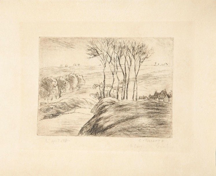 Camille PISSARRO (1830-1903)
Paysage à Osny. 1887. Eau-forte. 152 x 112. Delteil 70 (ii/ii). Bonne épreuve sur vergé, soigneusement lavée, portant à gauche une inscription au crayon (« 8 épr. d’état » ?, affaiblie et légèrement repassée au crayon), puis signée et pourvue d’autres inscriptions (« Osny » ?). Trace claire d’oxydation persistante. Bonnes marges irrégulières. 																												