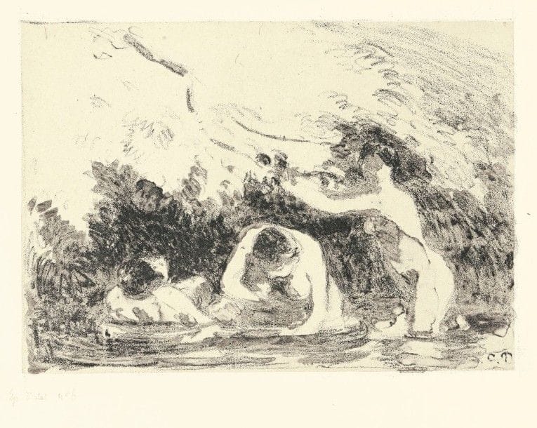 Camille PISSARRO (1830-1903)
Baigneuses à l’ombre des berges boisées. 1895. Lithographie. 215 x 150. Delteil 142 ; Stein et Karshan 52. Très belle et fraîche épreuve sur chine appliqué, l’une des 14 du 1er état (sur 2), avant reprise du bras de la baigneuse de droite, annotée « Ep d’état n° 6 » puis titrée en pied, soigneusement lavée, le chine refixé. Petites épidermures en tête, essentiellement visibles au verso. Toutes marges. Tirage définitif à 100 épreuves pour l’Estampe originale.