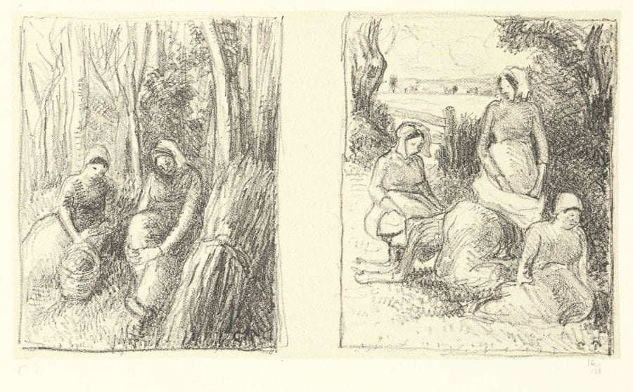 Camille PISSARRO (1830-1903)
Bûcheronnes ; Groupe de paysannes. Vers 1896. Lithographie. 240 x 132. Delteil 164 et 165. Très belle épreuve des deux sujets tirés sur une seule feuille, sur vergé mince rosâtre appliqué, timbrée (Lugt 613f) et numérotée à la mine de plomb, l’une des 18 du tirage posthume effectué en 1923. Légères ondulations du support. Petites épidermures, traces de colle et d’oxydation aux bords du feuillet au verso. Toutes marges. Rare. Tirage total à 29 épreuves. 																												