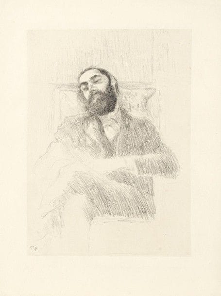 Camille PISSARRO (1830-1903)
Convalescence (Lucien Pissarro). 1897. Zincographie. 220 x 325. Delteil 192. Très belle épreuve sur chine appliqué, du tirage à 11 épreuves effectué en 1924, timbrée (Lugt 613e) dans l’angle inférieur gauche du chine et numérotée au crayon dans l’angle inférieur droit. Quelques rousseurs claires. Légère oxydation aux bords du feuillet. Toutes marges. Lucien Pissarro avait subi une attaque en 1897. Camille le représente ici durant sa convalescence à Éragny. Il n’existe pas de tirage ancien de cette planche.
