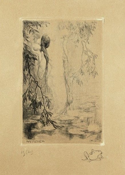 Victor PROUVE (1858-1943)
Nymphéas. 1913. Eau-forte. 155 x 240. Bonne épreuve sur vélin, très fortement oxydée, numérotée et enrichie d’une remarque au crayon (grenouille). Toutes marges. Tirage à 40 épreuves. Cadre. 																												