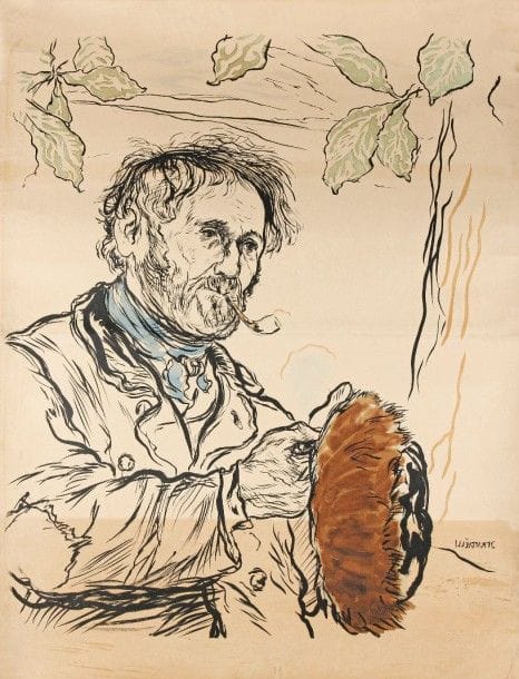 Jean-François RAFFAELLI (1850-1924)
L’Homme à la pipe. 1909. Lithographie. 640 x 810. Delteil 132. Bonne épreuve d’essai sur vélin, combinant les pierres de noir, bleu ciel et vert pâle, le brun apposé à la gouache en vue de l’établissement de la pierre correspondante. Forte oxydation et salissures (taches d’encre brune) dans le quart inférieur du feuillet. Accidents aux bords, dont quelques déchirures anciennement consolidées au verso. Pli horizontal médian renforcé au verso par une bande de kraft gommé. Toutes marges. 																												