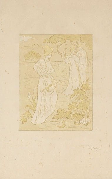 Paul-Elie RANSON (1861-1909)
Tristesse, ou Jalousie. 1896. Lithographie. 181 x 232. Ranson-Bitker (1999) 292. Impression en couleurs. Très belle épreuve sur japon. Rousseurs claires éparses. Toutes marges. (Pl. parue dans Le Centaure). Cadre. 																												