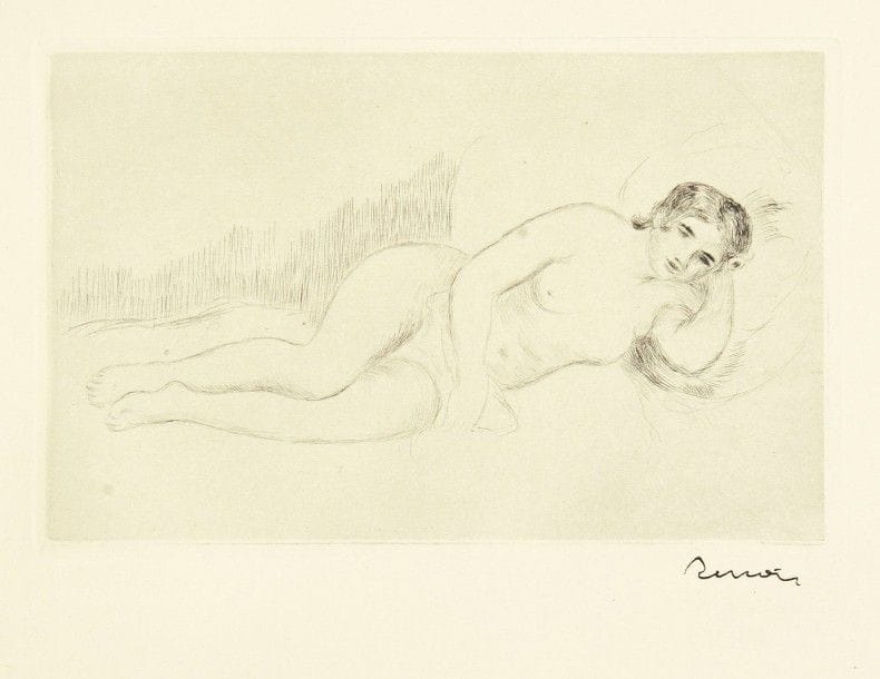 Pierre-Auguste RENOIR (1841-1919)
Femme nue couchée (tournée à droite), 1re pl. Vers 1906. Pointe sèche. 198 x 130. Delteil, Stella 13. Parfaite épreuve sur vélin, timbrée (Lugt 2137b). Toutes marges.																												