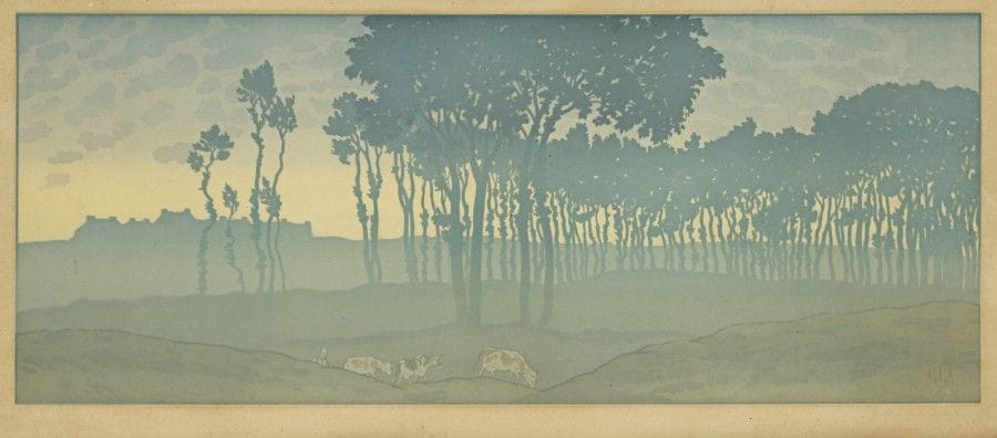 Henri RIVIERE (1864-1951)
L’Aube (La Féerie des Heures, pl. 1). 1901. Lithographie. 595 x 235. Impression en couleurs. Très belle épreuve sur vélin ivoire, légèrement oxydée. Toutes marges. Cadre. 	« Dans cette première planche de la série, qui est l’un des chefs-d’œuvre, Rivière se souvient des spectacles d’ombres du Chat noir dont il avait transposé l’esthétique sur la pierre en réalisant les lithographies des tableaux de ces spectacles, parus en albums entre 1890 et 1898. » (V. Sueur-Hermel, dir., Henri Rivière, entre impressionnisme et japonisme, cat. d’exposition, Bibliothèque nationale de France, 2009, n° 126, p. 149). 																											