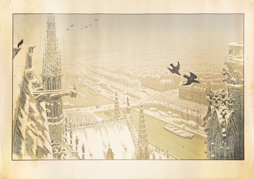 Henri RIVIERE (1864-1951)
Du haut des tours Notre-Dame (pl. pour Paysages parisiens). 1900. Lithographie. 820 x 525. Fields p. 77. Impression en couleurs. Bonne épreuve sur vélin glacé ivoire. Plis et déchirures aux bords du feuillet (dont une réparée à l’adhésif en marge droite). Traces de frottement en surface. Une rousseur en pied du sujet. Petites épidermures au verso. Toutes marges.																												