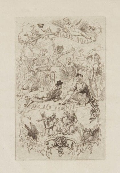 Félicien Rops (1833-1898)
Le Diable dupé par les femmes. Frontispice pour l’ouvrage de F.-N. Henry. 1881. Héliogravure reprise à la pointe sèche. 112 x 162. Rouir 615. Très belle épreuve sur japon, signée au crayon rouge, collée par les bords sur simili-japon. Petites traces de colle dans les angles au verso. Toutes marges. Joint : 3 autres sujets. Eau-forte. Formats divers. Très belles épreuves sur différents papiers. Toutes marges. Ens. 4 p.																												