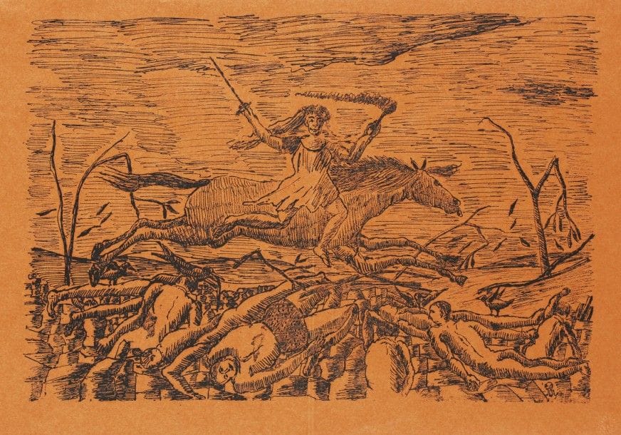 Henri Rousseau, dit Le Douanier Rousseau (1844-1910)
La Guerre. 1896. Lithographie. 325 x 220. Très belle épreuve sur vélin orange, avec pli vertical médian normal, du tirage pour L’Ymagier (n° 2). Petites épidermures dans les angles au verso. Toutes marges. 																												