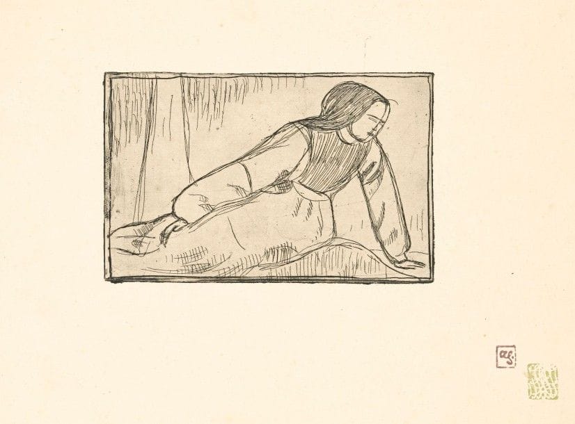 Armand Seguin (1869-1903)
Bretonne assise au fichu noir. 1893-1894. Eau-forte. 179 x 115. Field 56. Très belle épreuve tirée avec teinte de fond sur vergé crème, revêtue du timbre violet de l’artiste et de son timbre vert « SSSSS » dans l’angle inférieur droit du feuillet. Infimes salissures et rousseurs claires. Toutes marges. Ex-coll. H.-M. Petiet.																												