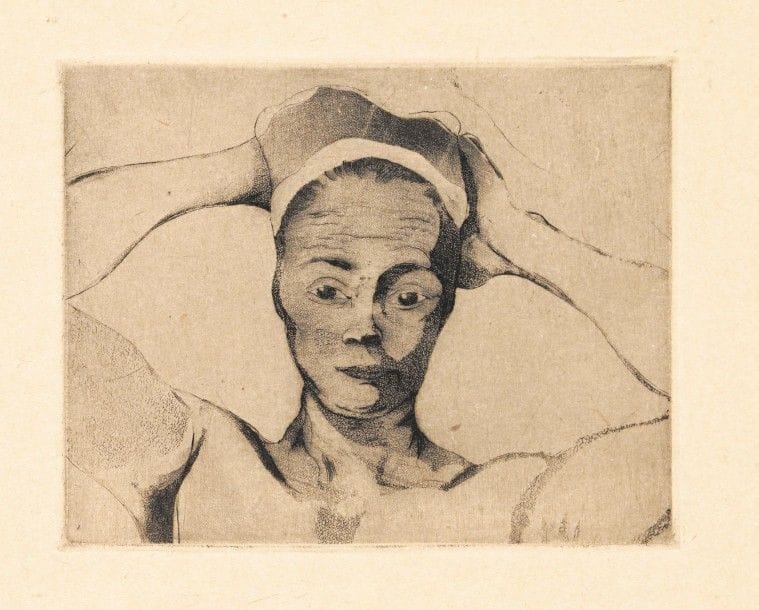 Armand Seguin (1869-1903)
Bretonne nue en buste, mains à la tête. 1894-1895. Eau-forte et aquatinte. 106 x 82. Field 76. Très belle épreuve sur simili-japon, légèrement oxydée. Toutes marges. Planche parue dans L’Ymagier, n° 3, avril 1895. Ex-coll. H.-M. Petiet.																												