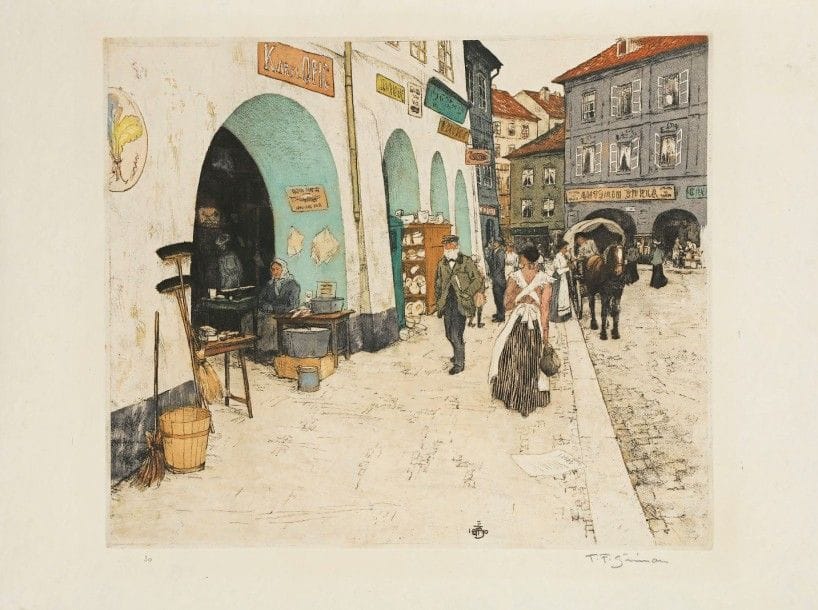 Tavik Frantisek SIMON (1877-1942)
Depuis le marché au charbon, Prague. 1910. Eau-forte, vernis mou et aquatinte. 415 x 348. Impression en couleurs. Très belle épreuve sur vélin mince, numérotée et signée au crayon. Infimes accidents aux bords du feuillet. Toutes marges. Timbre sec : Cercle de la Librairie (Lugt 438). 																												