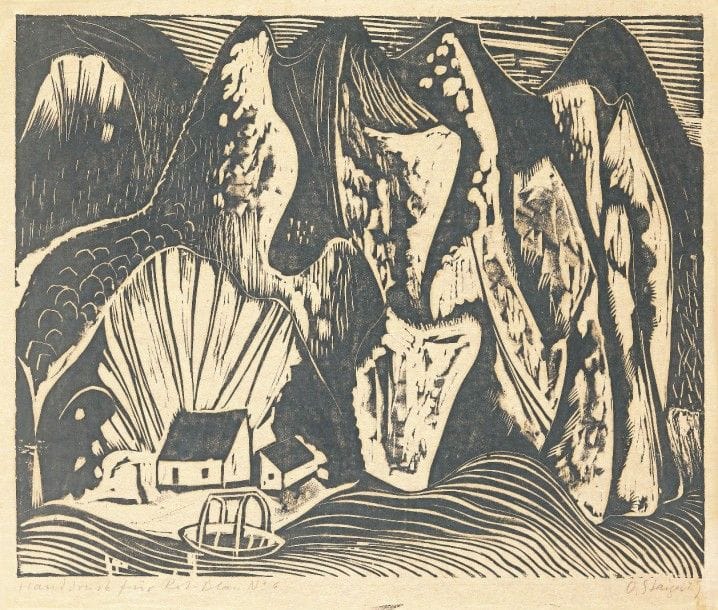 Otto Staiger (1894-1967)
Tessiner Landschaft (Paysage du Tessin). 1929. Bois gravé. 553 x 450. Très belle épreuve sur japon mince, annotée « Handruck für Rot-Blau n° 6 », signée et datée au crayon. Légères traces de plis, rousseurs et infimes accidents aux bords du feuillet. Toutes marges.	Staiger, artiste bâlois, était membre du groupe Rot-Blau, proche de l’expressionnisme, dans la 2e période de son activité (1928-1930). C’est pour ce groupe que cette estampe a été réalisée. 																											
