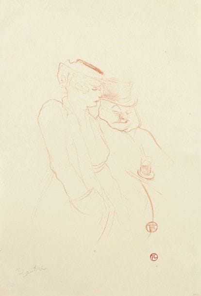 Henri de TOULOUSE-LAUTREC (1864-1901)
En quarante. 1893. Lithographie. 225 x 285. Delteil 42 ; Wittrock 32. Très belle, fraîche et rare épreuve tirée en sanguine sur simili-japon, signée au crayon et timbrée (Lugt 1338). Trous de punaises dans les angles droits. Petites traces de colle au bord gauche au verso. Infimes points ou taches (dont une sous le sujet). Toutes marges [310 x 460]. Timbre sec : Ed. Kleinmann Paris (Lugt 1573). 	Wittrock n’avait rencontré qu’une épreuve en sanguine (Francfort, Städelsches Museum). Le tirage courant est en noir ou vert olive. 																											
